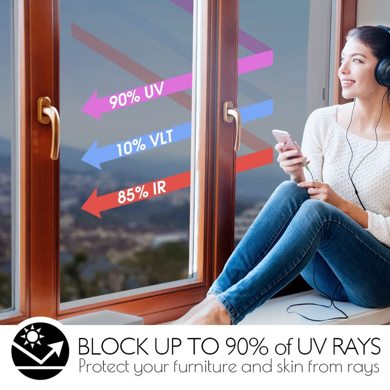 HIDBEA One Way Privacy Window Film, Daytime Mirror Reflective Heat Control UV Sun Blocking Non-Adhesive Static Cling Window Tint for Home and Office (Black-Silver, 35.4 Inch x 16.4 Feet) - Image 3